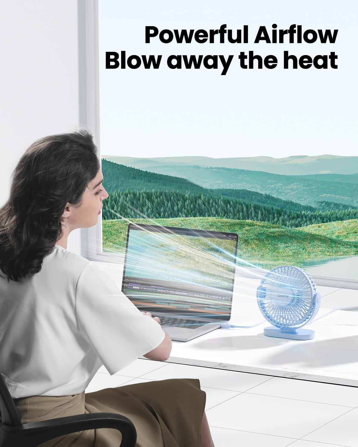 USB Desk Fan, 5.5 Inch Small Quiet Powerful 3 Speeds 90° Rotate, Personal Mini Portable Desktop Table Fans, Cooling for Home Office Car Travel Indoor Outdoor Blue