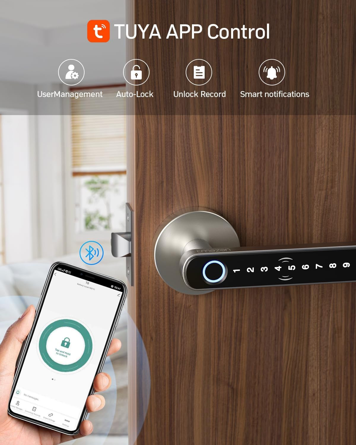 Smart Door Lock Fingerprint, Keyless Entry Door Lock with Handle, APP/IC Cards/Codes/Keys/Fingerprints Biometric Electronic Keyless Entry Lock for Bedroom Home Hotel Office