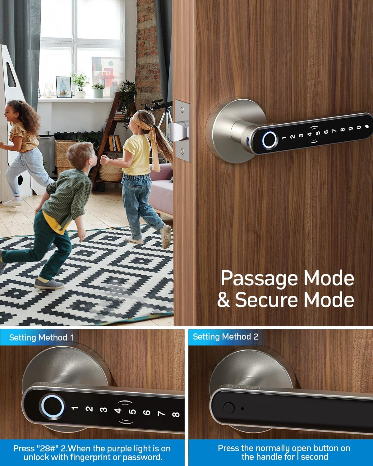 Smart Door Lock Fingerprint, Keyless Entry Door Lock with Handle, APP/IC Cards/Codes/Keys/Fingerprints Biometric Electronic Keyless Entry Lock for Bedroom Home Hotel Office