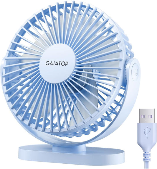 USB Desk Fan, 5.5 Inch Small Quiet Powerful 3 Speeds 90° Rotate, Personal Mini Portable Desktop Table Fans, Cooling for Home Office Car Travel Indoor Outdoor Blue